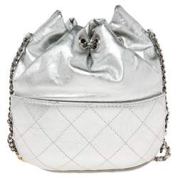 Pre Owned Chanel Silver Quilted Leather Small Gabrielle Bucket Bag