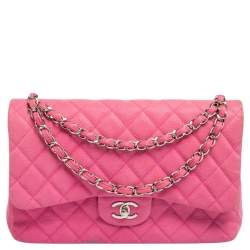 Pre Owned Chanel Pink Quilted Caviar Leather Jumbo Classic Double Flap Bag