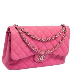 Pre Owned Chanel Pink Quilted Caviar Leather Jumbo Classic Double Flap Bag