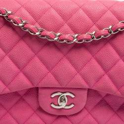 Pre Owned Chanel Pink Quilted Caviar Leather Jumbo Classic Double Flap Bag