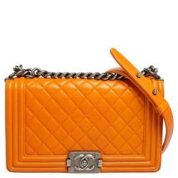 Chanel Orange Quilted Leather Medium Boy Bag Chanel