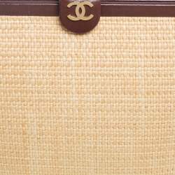Pre Owned Chanel Brown/Cream Woven Raffia and Leather CC Frame Top Handle Bag