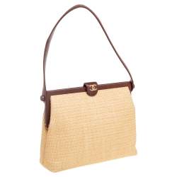 Pre Owned Chanel Brown/Cream Woven Raffia and Leather CC Frame Top Handle Bag