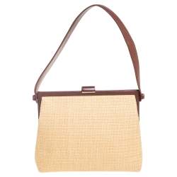 Pre Owned Chanel Brown/Cream Woven Raffia and Leather CC Frame Top Handle Bag