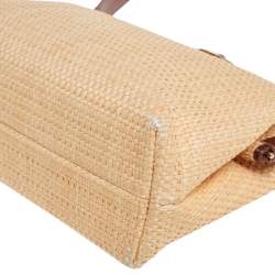 Pre Owned Chanel Brown/Cream Woven Raffia and Leather CC Frame Top Handle Bag