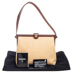 Pre Owned Chanel Brown/Cream Woven Raffia and Leather CC Frame Top Handle Bag