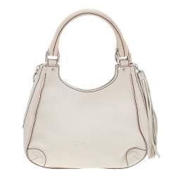 Pre Owned Chanel Off White Grained Leather Tassel Hobo