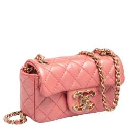 Pre Owned Chanel Pink Quilted Leather Jeweled CC Mini Single Flap Bag