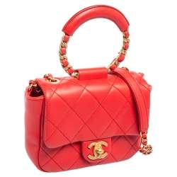 Pre Owned Chanel Coral Red Quilted Leather Small Circular Top Handle Bag
