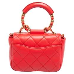 Pre Owned Chanel Coral Red Quilted Leather Small Circular Top Handle Bag