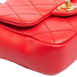 Pre Owned Chanel Coral Red Quilted Leather Small Circular Top Handle Bag