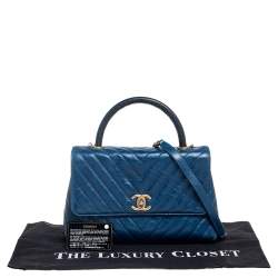 Pre Owned Chanel Blue Crinkled Leather Small Coco Top Handle Bag