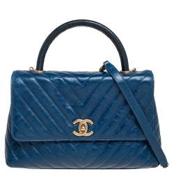 Pre Owned Chanel Blue Crinkled Leather Small Coco Top Handle Bag