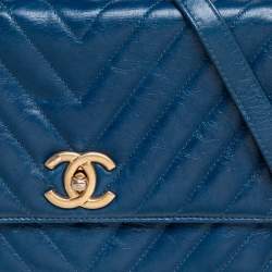 Pre Owned Chanel Blue Crinkled Leather Small Coco Top Handle Bag