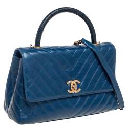Pre Owned Chanel Blue Crinkled Leather Small Coco Top Handle Bag