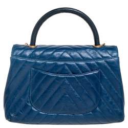 Pre Owned Chanel Blue Crinkled Leather Small Coco Top Handle Bag