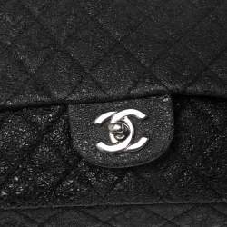 Pre Owned Chanel Black Crinkled Leather Medium Classic Double Flap Bag 