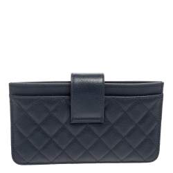 Pre Owned Chanel Navy Blue Caviar Leather CC Box Wallet