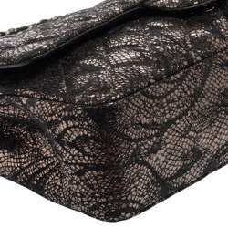 Pre Owned Chanel Black/Gold Quilted Lace and Leather Medium Classic Double Flap Bag
