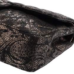 Pre Owned Chanel Black/Gold Quilted Lace and Leather Medium Classic Double Flap Bag