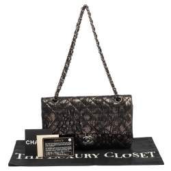 Pre Owned Chanel Black/Gold Quilted Lace and Leather Medium Classic Double Flap Bag