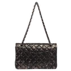Pre Owned Chanel Black/Gold Quilted Lace and Leather Medium Classic Double Flap Bag