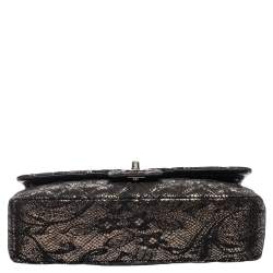 Pre Owned Chanel Black/Gold Quilted Lace and Leather Medium Classic Double Flap Bag