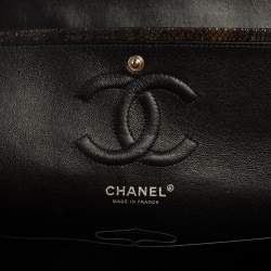 Pre Owned Chanel Black/Gold Quilted Lace and Leather Medium Classic Double Flap Bag