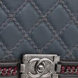 Pre Owned Chanel Grey/Olive Green Quilted Leather Chain Around Medium Boy Flap Top Handle Bag