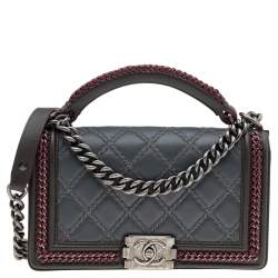 Pre Owned Chanel Grey/Olive Green Quilted Leather Chain Around Medium Boy Flap Top Handle Bag