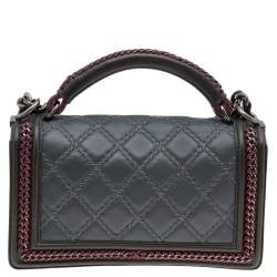 Pre Owned Chanel Grey/Olive Green Quilted Leather Chain Around Medium Boy Flap Top Handle Bag