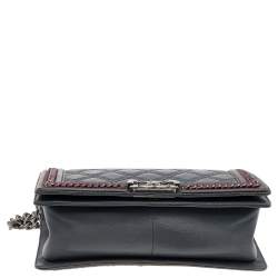 Pre Owned Chanel Grey/Olive Green Quilted Leather Chain Around Medium Boy Flap Top Handle Bag
