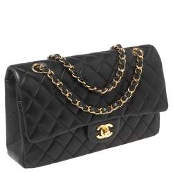 Pre Owned حقيبة شانيل كلاسيك جلد مبطن أسود بقلاب مزدوج متوسطة
