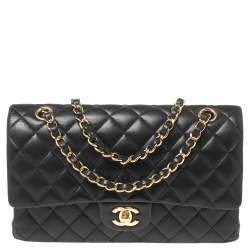 Pre Owned حقيبة شاني ل كلاسيك جلد مبطن أسود بقلاب مزدوج متوسطة