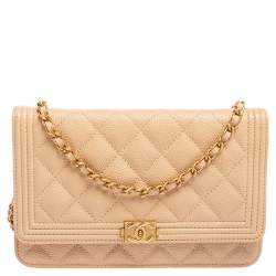 Chanel Beige Quilted Caviar Leather Boy Wallet on Chain Chanel