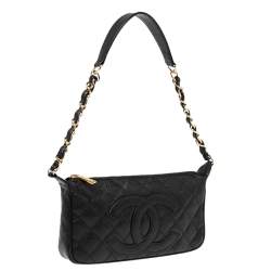Pre Owned Chanel Black Quilted Caviar Leather CC Timeless Pochette Bag