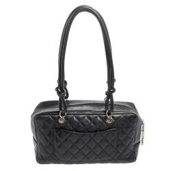 مملوكة مسبقًا حقيبة شانيل باولر كامبون لين جلد سوداء مبطنة