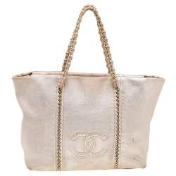 Pre Owned Chanel Metallic Beige Leather Modern Chain E/W Tote