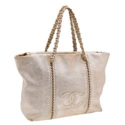 Pre Owned Chanel Metallic Beige Leather Modern Chain E/W Tote
