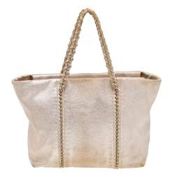 Pre Owned Chanel Metallic Beige Leather Modern Chain E/W Tote