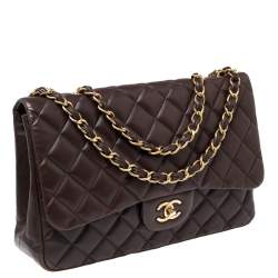 Pre Owned حقيبة شانيل جامبو كلاسيك جلد مبطن بني شوكولاتة  ذات قلاب واحد