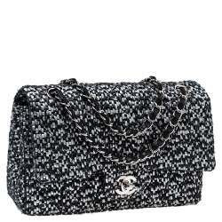 مملوكة مسبقًا Chanel Black/Silver Quilted Tweed and Leather Medium Classic Double Flap Bag