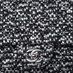 مملوكة مسبقًا Chanel Black/Silver Quilted Tweed and Leather Medium Classic Double Flap Bag
