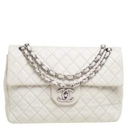 Chanel Off White Quilted Caviar Leather Maxi Classic Single Flap Bag