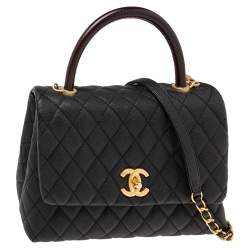 Pre Owned Chanel Black/Burgundy Caviar Leather Medium Coco Top Handle Bag