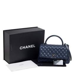 Pre Owned Chanel Navy Blue Quilted Caviar Leather Medium Coco Flap Top Handle Bag