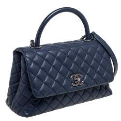 Pre Owned Chanel Navy Blue Quilted Caviar Leather Medium Coco Flap Top Handle Bag