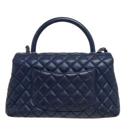 Pre Owned Chanel Navy Blue Quilted Caviar Leather Medium Coco Flap Top Handle Bag