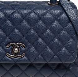 Pre Owned Chanel Navy Blue Quilted Caviar Leather Medium Coco Flap Top Handle Bag