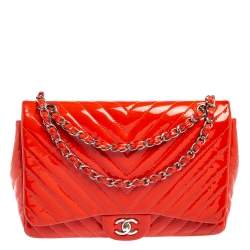 مملوكة مسبقًا Chanel Orange Chevron Patent Leather Jumbo Classic Single Flap Bag